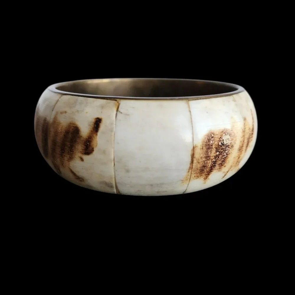 Vtg Brass & Genuine Bone Inlay Bangle Elephant Scrimshaw Pyrography Boho Safari